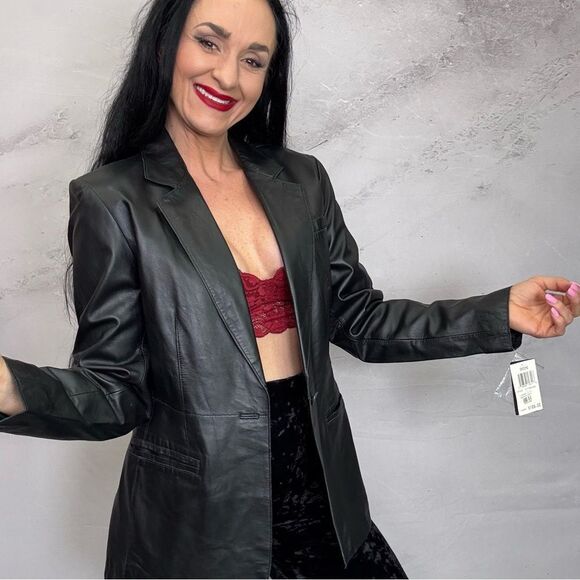 Black Leather Blazer Jacket with Notched Lapels - Picture 1 of 5